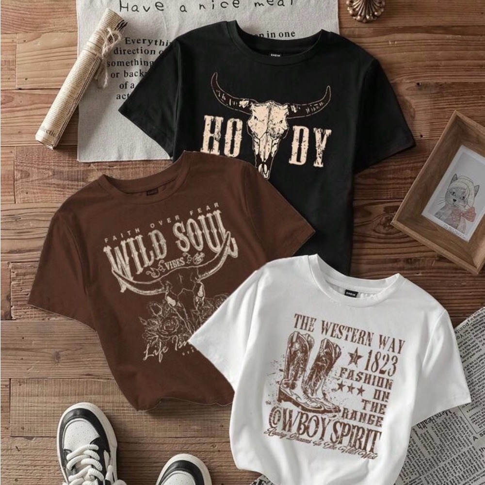 SHEIN Black, Brown & White Short Sleeve Western Graphic Tees